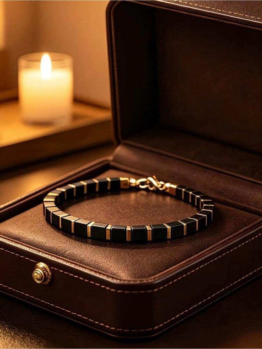 Casual Style Square Obsidian Beaded Bracelet with Gold Accents/Unisex.